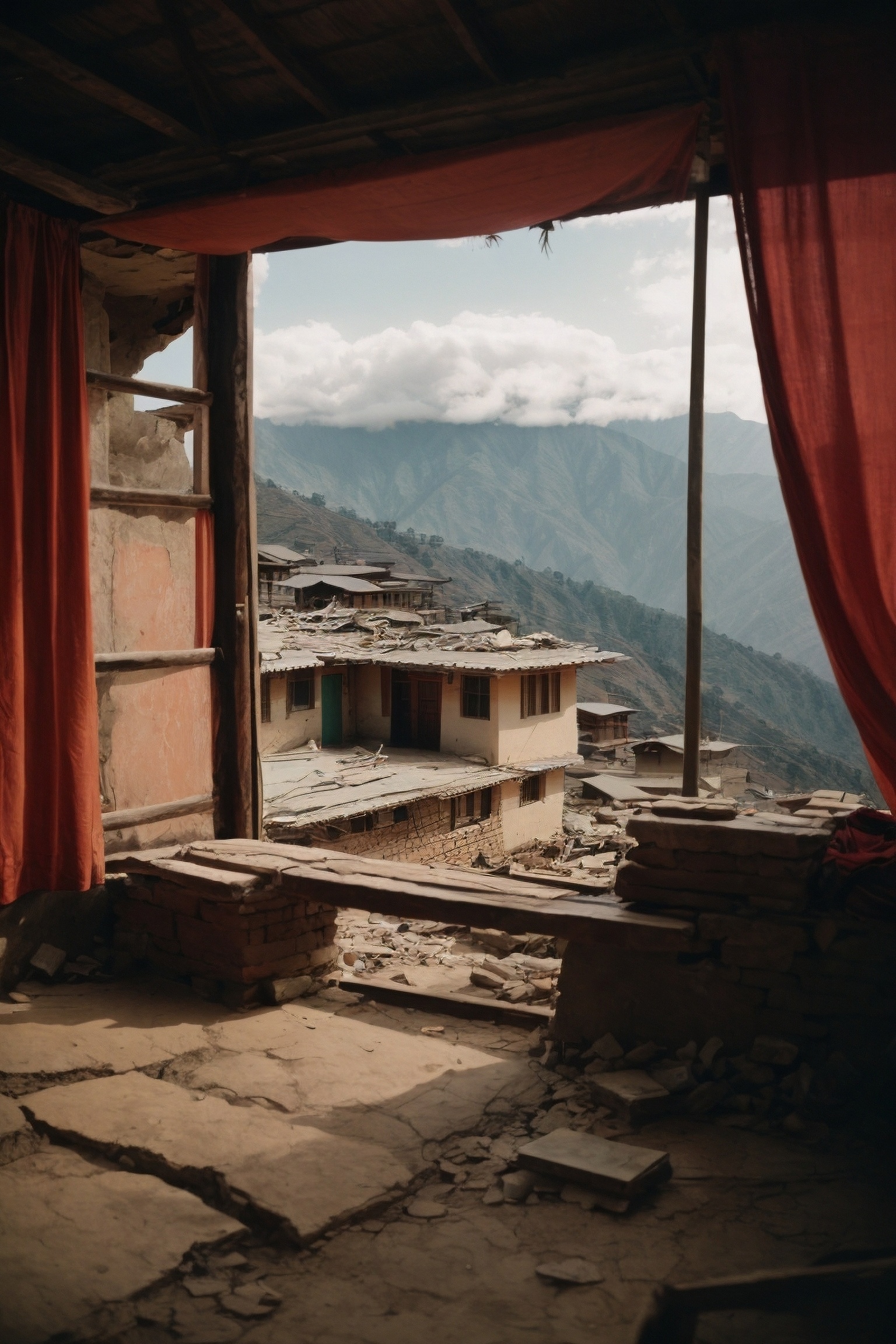 inside a ruined home in nepal earthway with red curtains and broken window. to be used for a news update for ADRA Canada