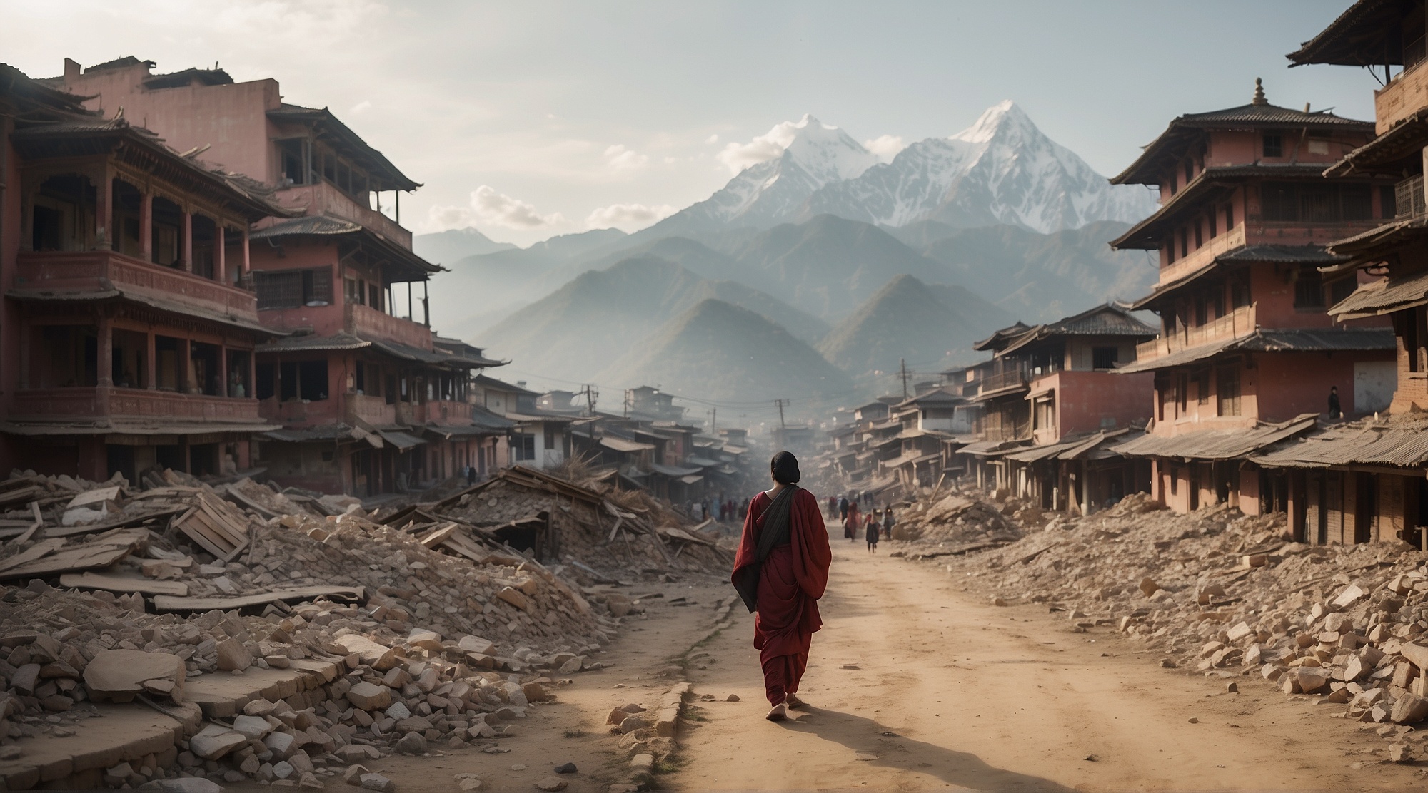 image showing woman walking in the middle of ruins in nepal earthquake for a news update for ADRA Canada